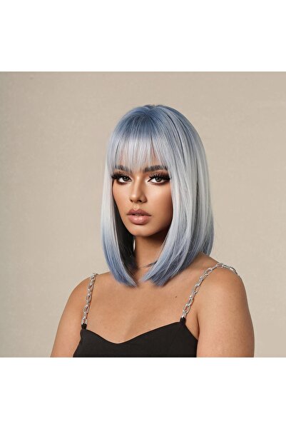 animis beauty Peruca medie, GRI Silver Ombre, fibra sintetica cu aspect natural, par mediu drept, cu breton, 40 cm