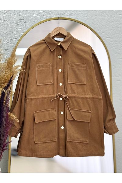 MİHRA STORE Ahlem Waist Tunnel 4 Pocket Gabardine Jacket-Nn20065 Tan