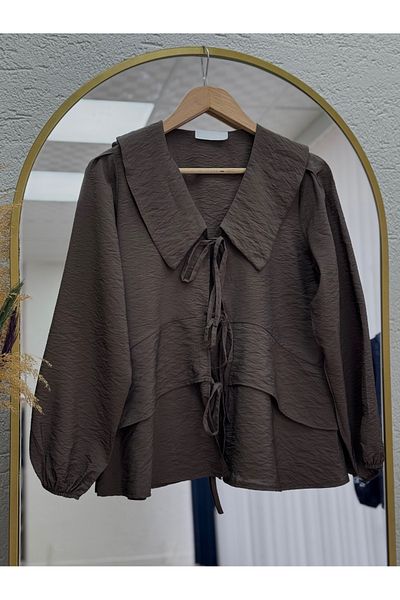 MİHRA STORE Tirisa Shabby Collar Front Tie-Up Tunik-As5861 Coffee