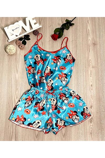 Intisimo Women's Pajamas, Satin, 2 Pieces, Mickey Mouse, Turquoise Blue