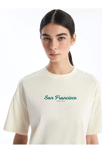 LC Waikiki Tricou cu mânecă scurtă pentru femei LCW Modest Ecru Crew Neck