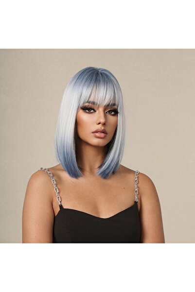 animis beauty Peruca medie, GRI Silver Ombre, fibra sintetica cu aspect natural, par mediu drept, cu breton, 40 cm