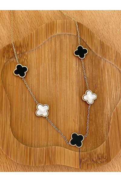 JELLY Women's Steel Gold Color Black Enamel Double Sided Used Clover Model Necklace