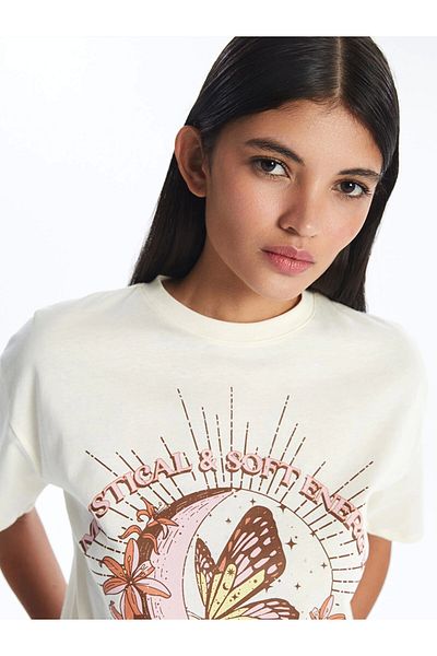 LC Waikiki Tricou cu mânecă scurtă pentru femei LCW Modest Ecru Crew Neck