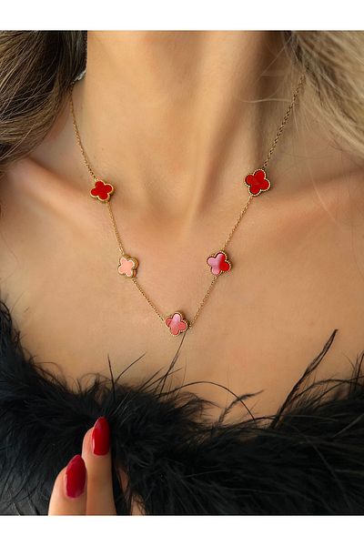 JELLY Women's Steel Gold Color Red Enamel Clover Model Necklace