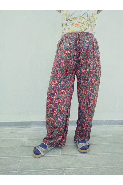 hoaryage Ethnic Patterned 100% Cotton Viscose Pants with Elastic Waist