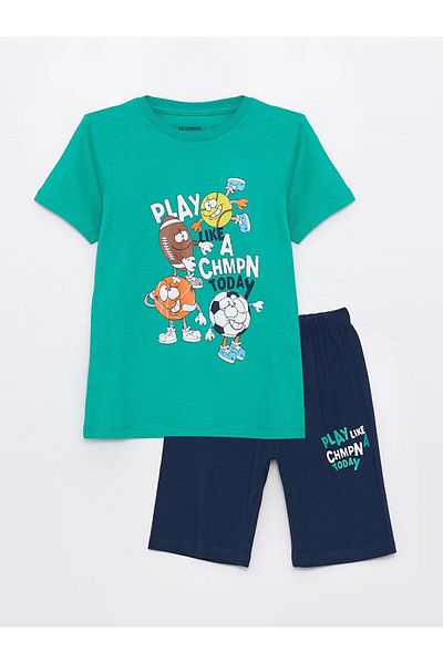 LC Waikiki Lcw Kids Green Crew Neck Printed Short Sleeve Boys' Shorts Pajama Set