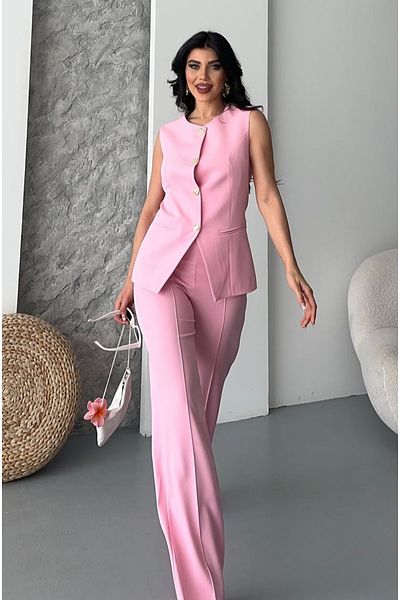 pembekurdelem Women's Design Buttoned Vest Trousers Suit Candy Pink