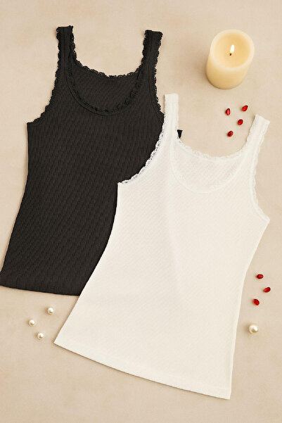 Imoda Kadın 2'li Paket Normal Kalıp Dantel Detaylı Ince Askılı Oyuk Yaka Atlet