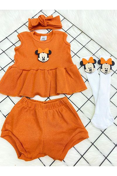 ŞAPKAKİDS Orange Mici Ribana Shorts Bluz Bandana Set