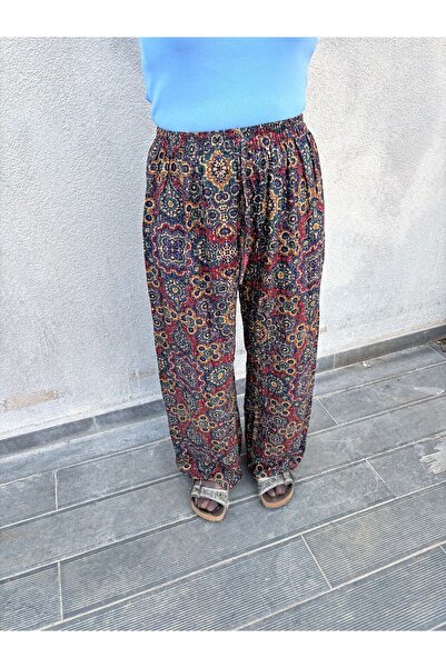 hoaryage Ethnic Patterned 100% Cotton Viscose Pants with Elastic Waist