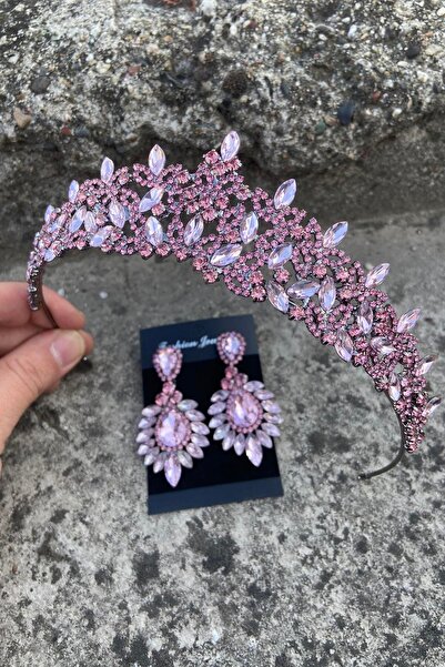 Hobigram Clara Pink Bridal Henna Crown Special Occasion Accessory Women's Crown and Wide Shuttle Earrings Set