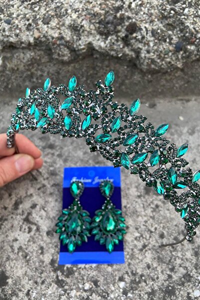 Hobigram Clara Green Bridal Henna Crown Special Occasion Accessory Women's Crown and Wide Shuttle Earrings Set