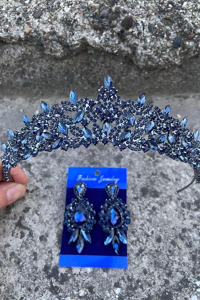Hobigram Clara Navy Blue Bridal Henna Crown Special Day Accessory Women's Crown and Three Shuttle Earrings Set