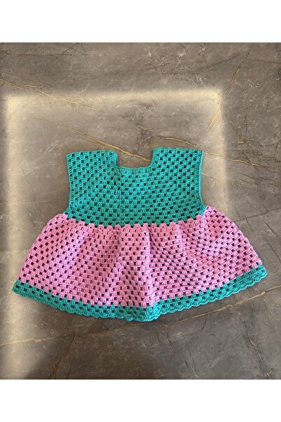 izelticaret El Örgüsü Cotton Ip Tığ Işi Turkuaz Pembe Kız Bebek Elbisesi