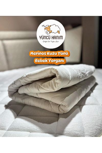 Yüncü Hanım 100% Merino Lamb Wool Filled Baby Quilt 95X145 cm + Wool Filled Baby Pillow Gift