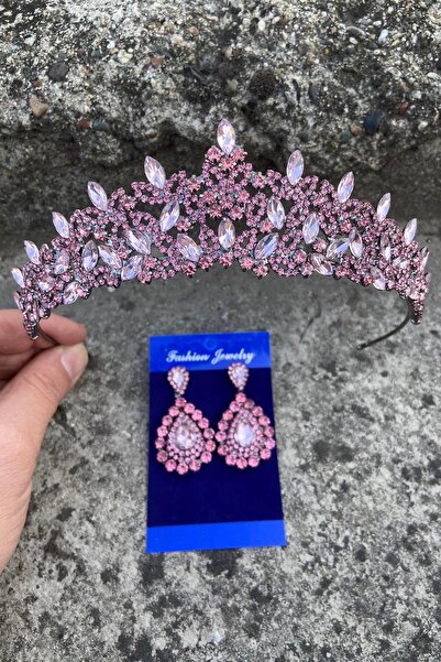 Hobigram Clara Pink Bridal Henna Crown Special Occasion Accessory Women's Crown and Drop Shuttle Earrings Set