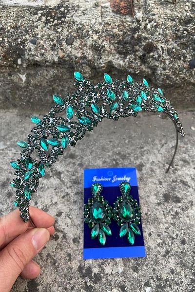 Hobigram Clara Green Bridal Henna Crown Special Occasion Accessory Women's Crown and Three Shuttle Earrings Set