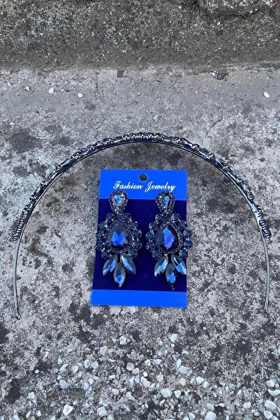 Hobigram Clara Navy Blue Bridal Henna Crown Special Day Accessory Women's Crown and Three Shuttle Earrings Set