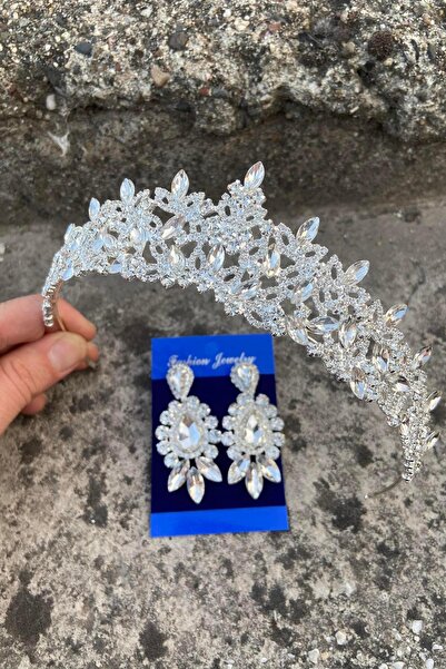 Hobigram Clara Silver Bridal Henna Crown Special Occasion Accessory Women's Crown and Three Shuttle Earrings Set