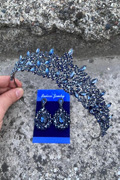 Hobigram Clara Navy Blue Bridal Henna Crown Special Day Accessory Women's Crown and Drop Shuttle Earring Set