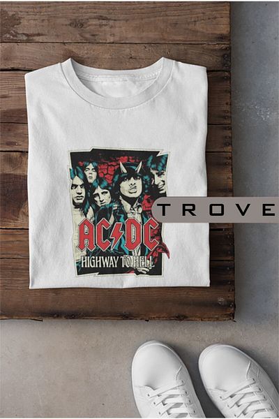 Pisa Art Унисекс тениска за жени и мъже Acdc - Ac/dc Rock'n Roll Metal, 100% памучен принт, черно-бяла