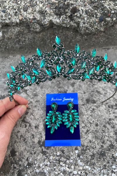Hobigram Clara Green Bridal Henna Crown Special Occasion Accessory Women's Crown and Thin Shuttle Earring Set