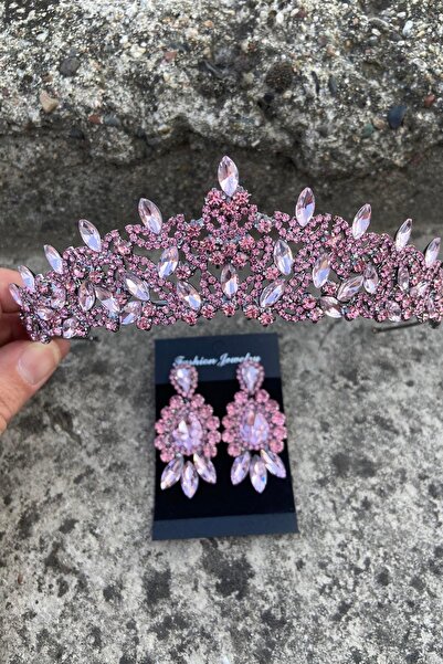 Hobigram Clara Pink Bridal Henna Crown Special Occasion Accessory Women's Crown and Three Shuttle Earrings Set