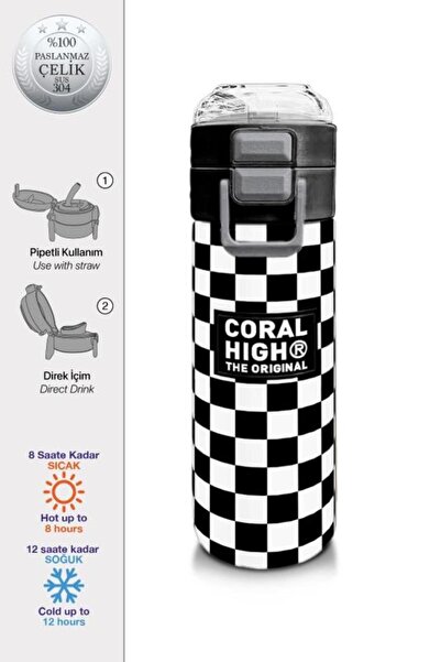 Coral High Kids Siyah Beyaz Dama Desenli Pipetli ve Direkt İçim Çelik Termos ...