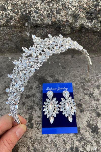 Hobigram Clara Silver Bridal Henna Crown Special Occasion Accessory Women's Crown and Thin Shuttle Earrings Set