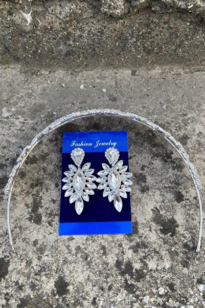 Hobigram Clara Silver Bridal Henna Crown Special Occasion Accessory Women's Crown and Thin Shuttle Earrings Set