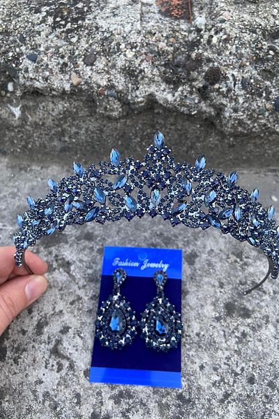 Hobigram Clara Navy Blue Bridal Henna Crown Special Day Accessory Women's Crown and Drop Shuttle Earring Set