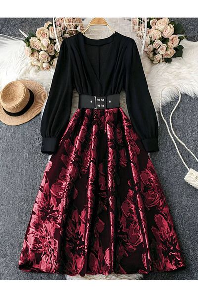 zümrüt moda Floral Print V-Neck Satin Dress and Belt 1793