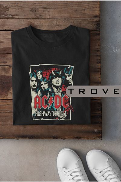 Pisa Art Унисекс тениска за жени и мъже Acdc - Ac/dc Rock'n Roll Metal, 100% памучен принт, черно-бяла