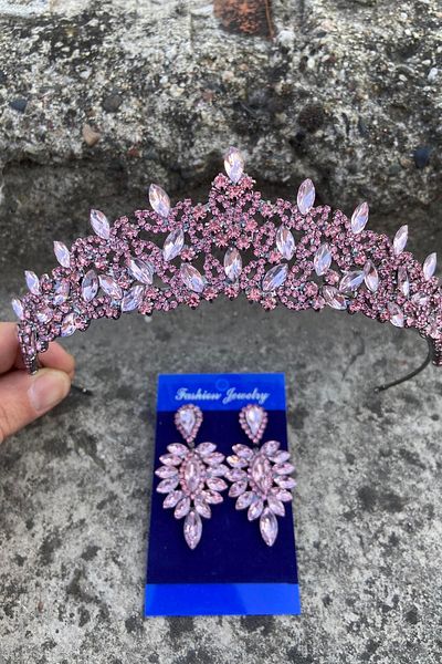Hobigram Clara Pink Bridal Henna Crown Special Occasion Accessory Women's Crown and Thin Shuttle Earring Set