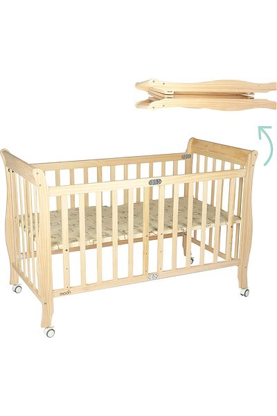 Moon Wooden Foldable Baby Crib (129 X 69 X 96 cm), Natural Wood