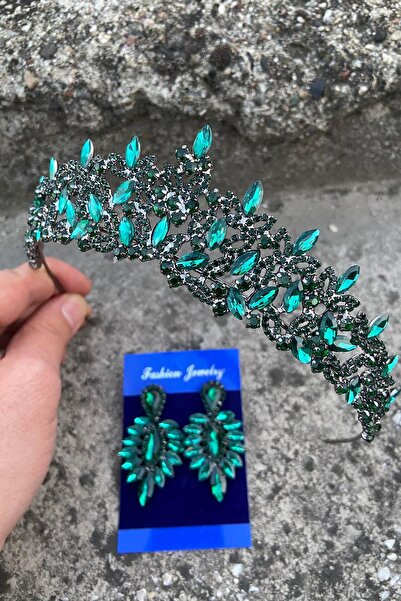 Hobigram Clara Green Bridal Henna Crown Special Occasion Accessory Women's Crown and Thin Shuttle Earring Set