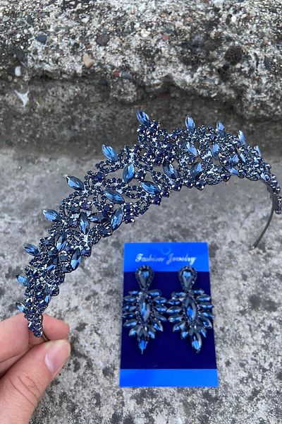 Hobigram Clara Navy Blue Bridal Henna Crown Special Occasion Accessory Women's Crown and Thin Shuttle Earring Set