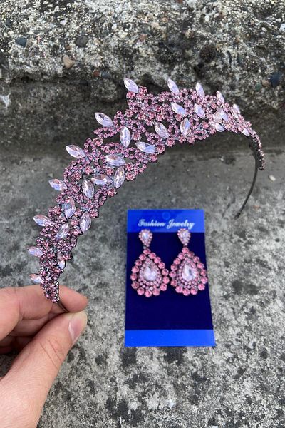 Hobigram Clara Pink Bridal Henna Crown Special Occasion Accessory Women's Crown and Drop Shuttle Earrings Set