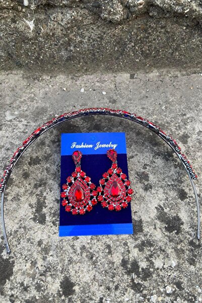 Hobigram Clara Red Bridal Henna Crown Special Occasion Accessory Women's Crown and Drop Shuttle Earrings Set