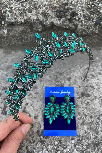 Hobigram Clara Green Bridal Henna Crown Special Occasion Accessory Women's Crown and Thin Shuttle Earring Set