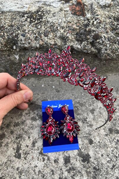 Hobigram Clara Burgundy Bridal Henna Crown Special Occasion Accessory Women's Crown and Wide Shuttle Earring Set