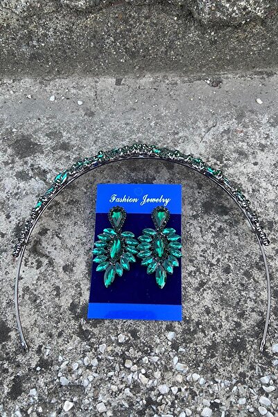 Hobigram Clara Green Bridal Henna Crown Special Occasion Accessory Women's Crown and Thin Shuttle Earring Set