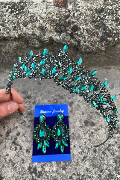 Hobigram Clara Green Bridal Henna Crown Special Occasion Accessory Women's Crown and Three Shuttle Earrings Set