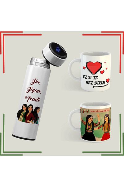 ZERYA Jin Jiyan Freedom Themed Mug and Thermos Set - Ez Ji Te Hez Planting Kurdish Mug Cup