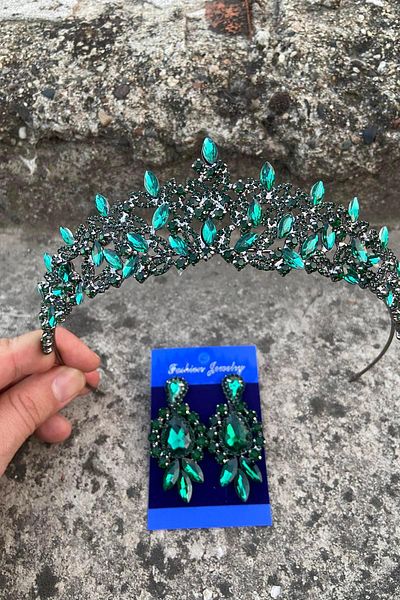 Hobigram Clara Green Bridal Henna Crown Special Occasion Accessory Women's Crown and Three Shuttle Earrings Set