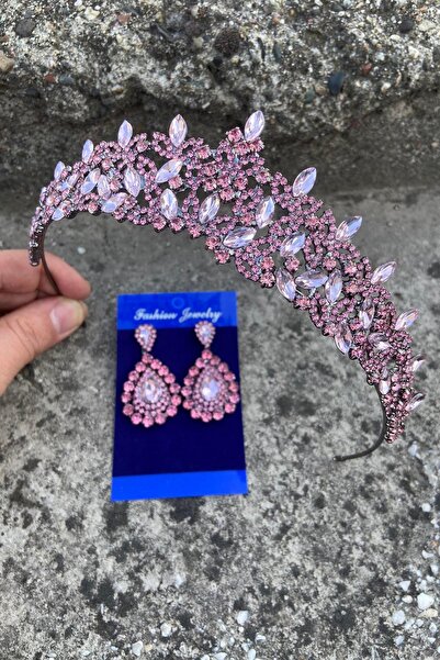 Hobigram Clara Pink Bridal Henna Crown Special Occasion Accessory Women's Crown and Drop Shuttle Earrings Set