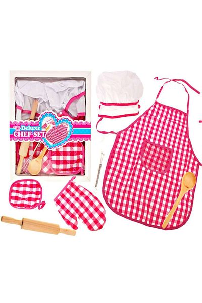Oeko-Tex Kitchen Apron and Chef Hat for Girls, with Kitchen Accessories Included, Pink