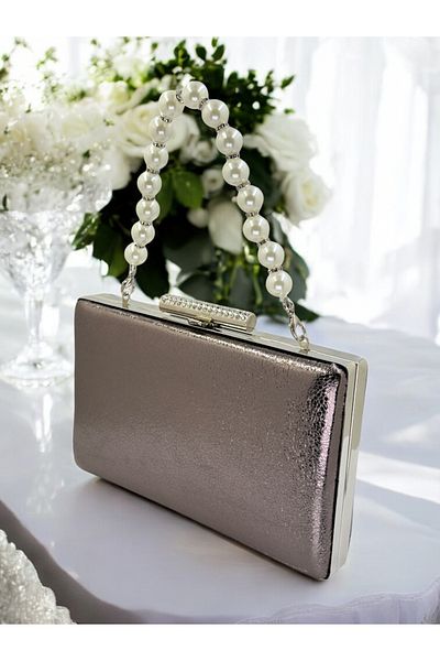 Biçanta New Model Platinum Color Shiny Patterned Chain Strap Pearl Handle Women's Evening Dress Bag Wedding Engagement