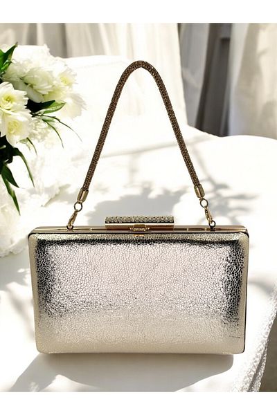 Biçanta New Model Gold Color Shiny Patterned Chain Strap Stone Handle Women's Evening Dress Bag Wedding Engagement Graduation